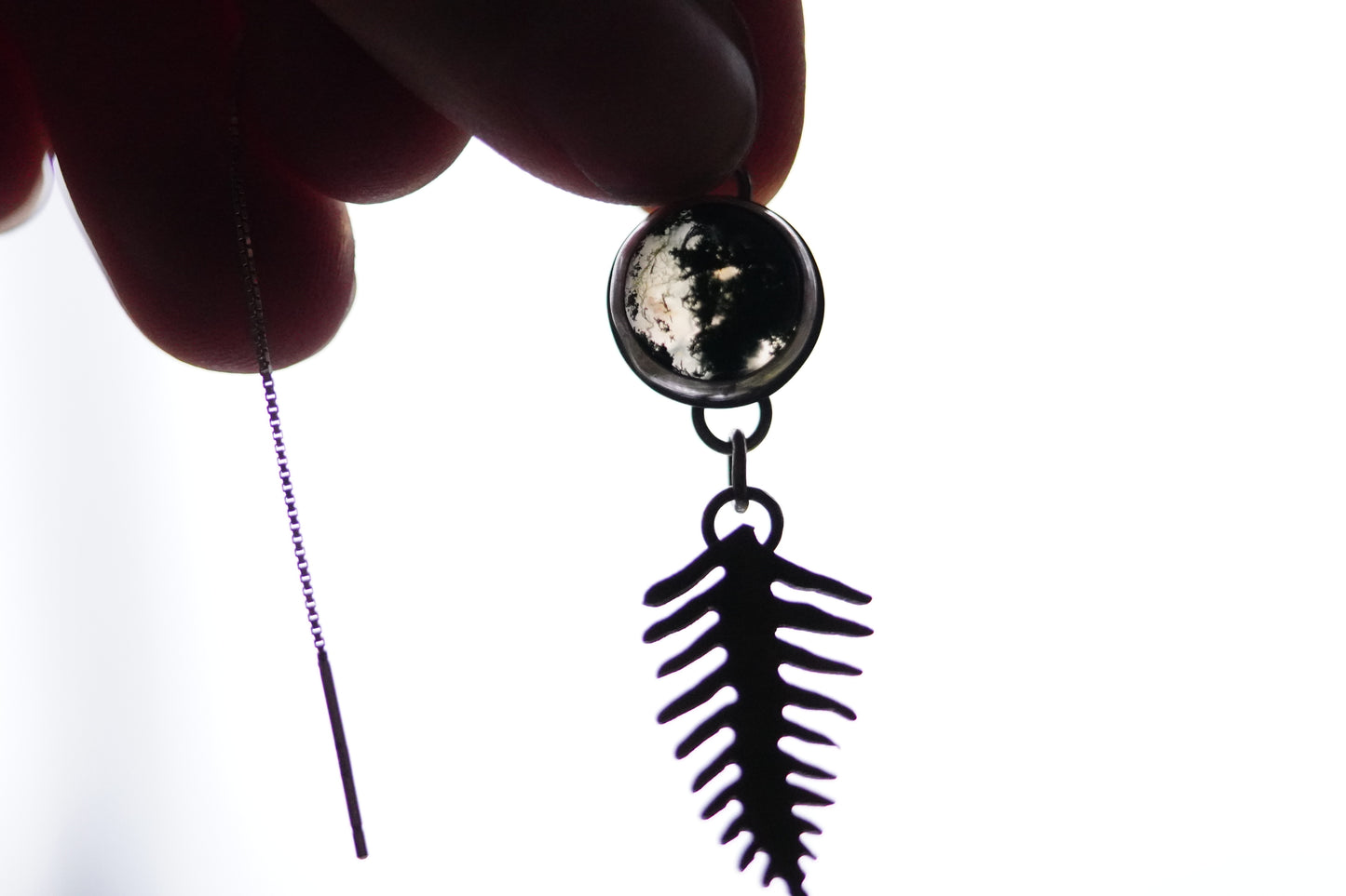 Moss agate and Fern Threader Earrings