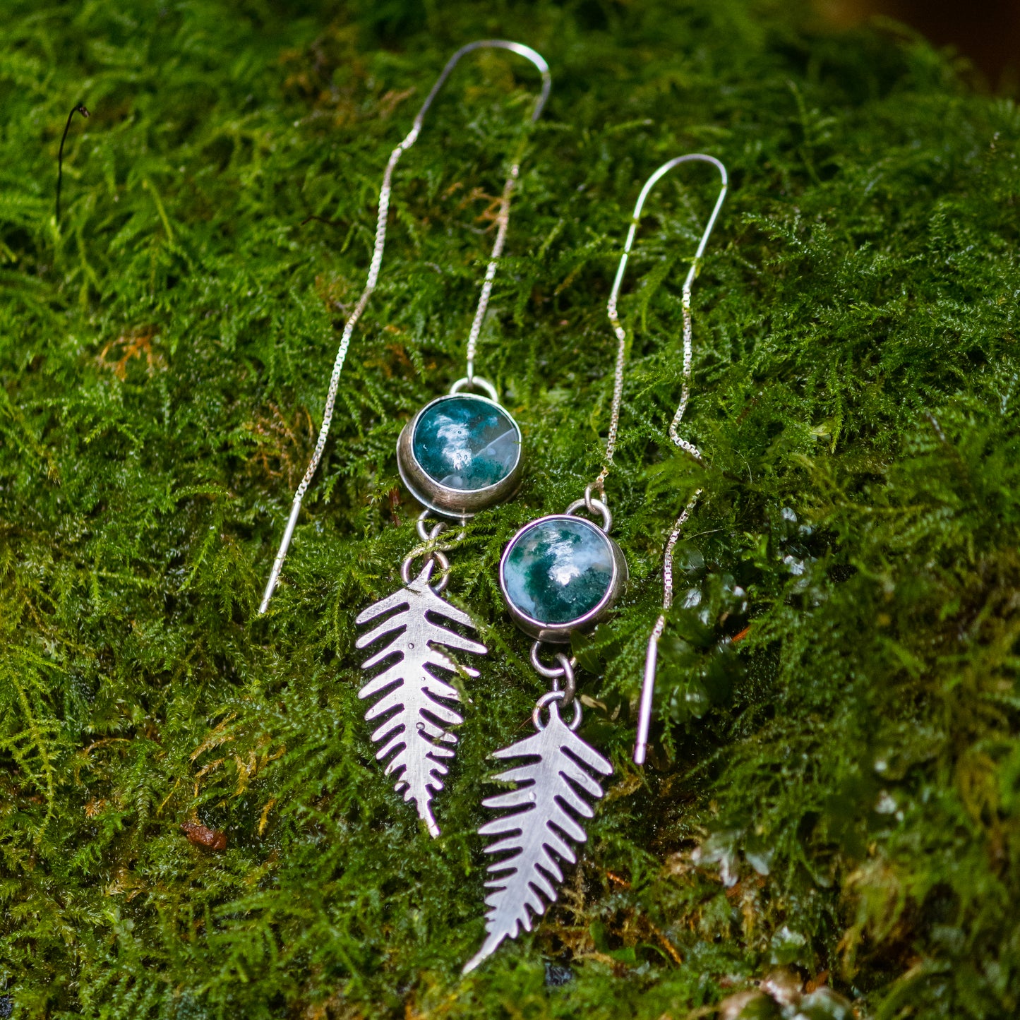 Moss agate and Fern Threader Earrings