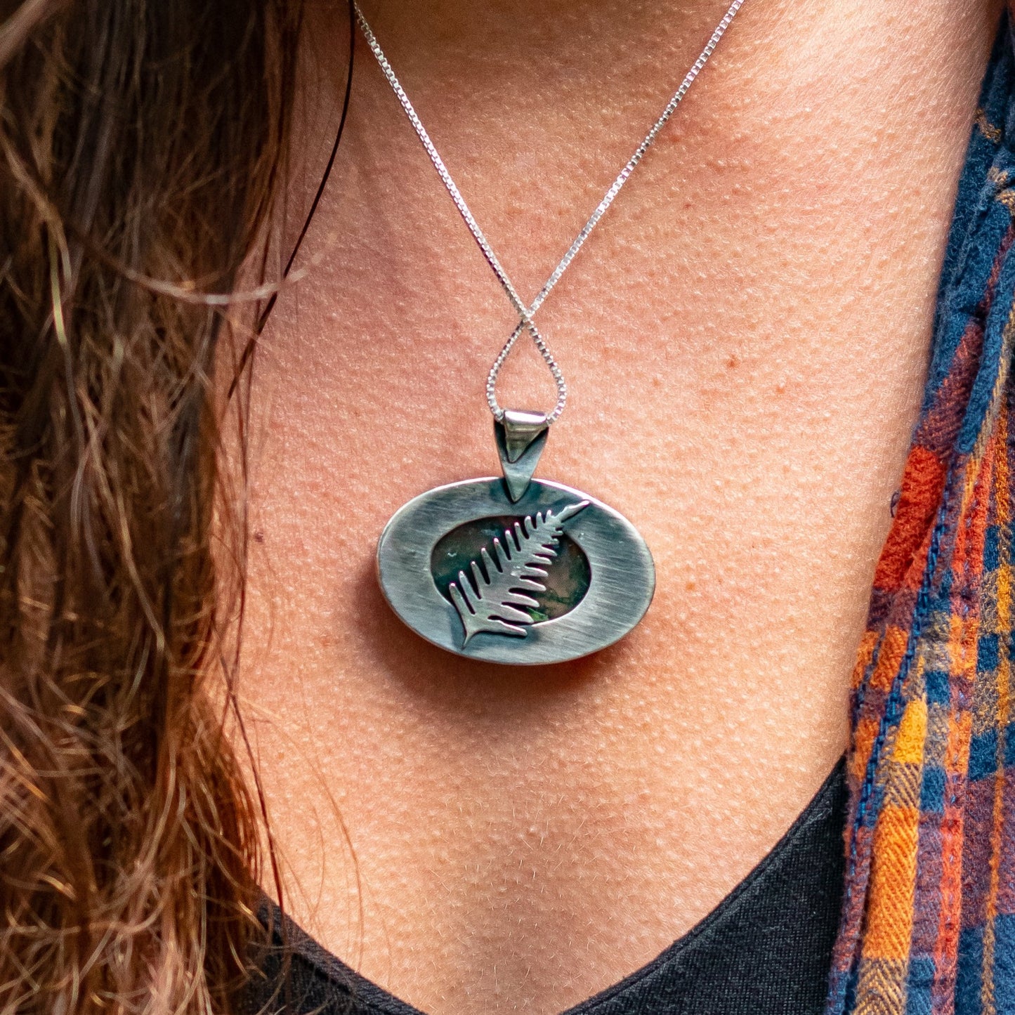 Classic Moss Agate Fern Pendent (Reversible)