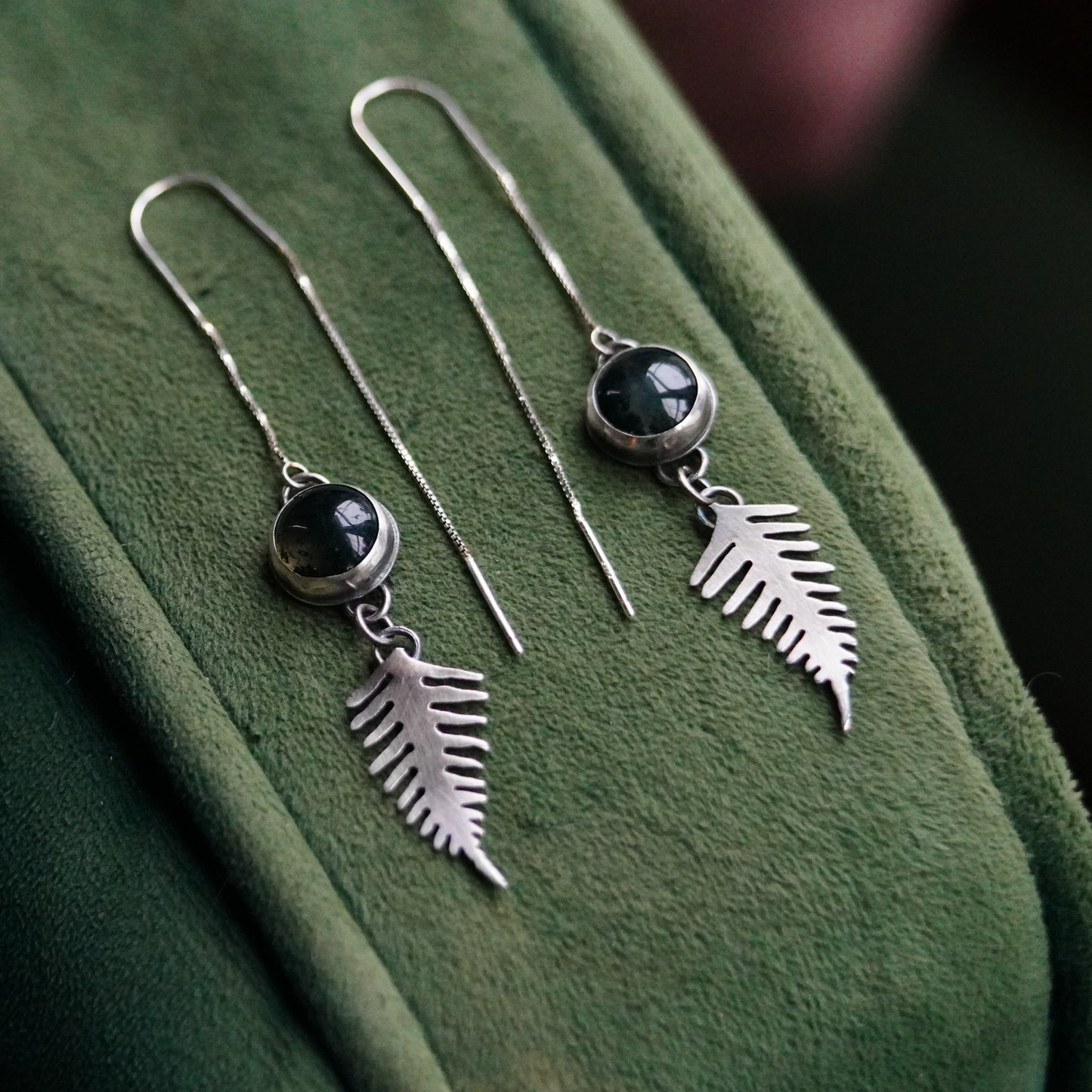 Moss agate and Fern Threader Earrings