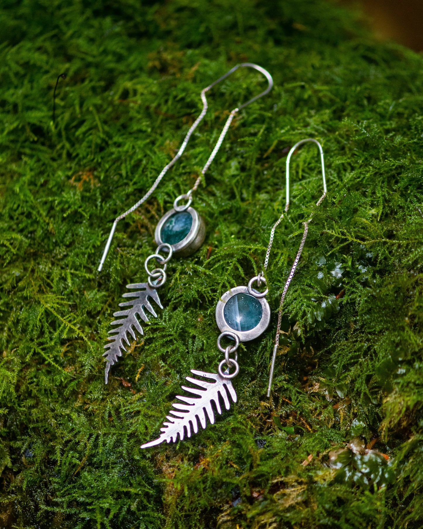 Moss agate and Fern Threader Earrings