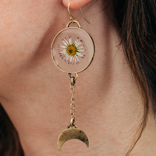 Daisy Moon Drop Relic Earrings - Brass and Gold Filled